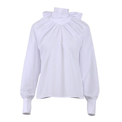 Blusa de manga larga con cuello alto y ribete de moño fruncido en color liso fabulosa - Blanca