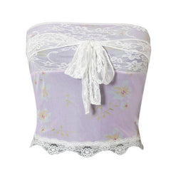 Top corto de tubo con encaje transparente y tirantes finos con diseño floral femenino - Lila