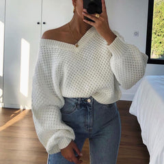 Suéter favorecedor con escote en V, hombros caídos y mangas obispo - Blanco