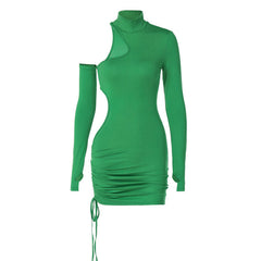 Flirtatious High Neck Cut Out Kordelzug Rüschen Langarm Figurbetontes Minikleid - Grün