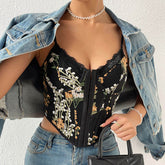 Top tipo corsé push up con encaje bordado con flores y ojales - Negro