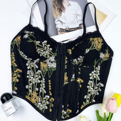 Top tipo corsé push up con encaje bordado con flores y ojales - Negro
