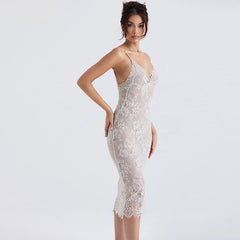 Vestido midi de cóctel ajustado con espalda abierta, ribete fruncido y encaje floral - Blanco