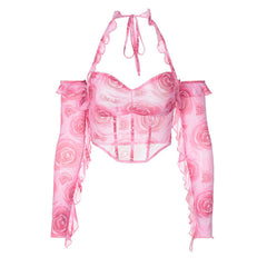 Top corto tipo corsé con cuello halter, hombros descubiertos y detalle fruncido con estampado floral - Rosa
