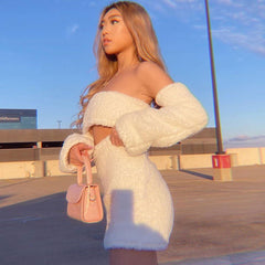 Conjunto de top tubo con cordones y falda de manga larga a juego - Blanco