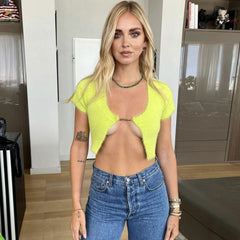 Cropped-Cardigan mit offener Vorderseite und kurzen Ärmeln - Gelb