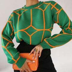 Suéter de manga larga con hombros caídos y cuello redondo con estampado geométrico - Verde