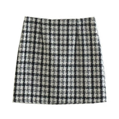 Minifalda ajustada con cintura alta, ribete dividido y estampado de cuadros geométricos - Negro