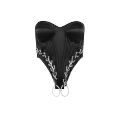 Top tipo corsé sin mangas con escote en forma de corazón y encaje satinado con purpurina - Negro