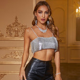 Top corto de malla con escote cuadrado, espalda abierta y detalle de flecos - Plateado