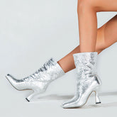 Botines de tacón alto con puntera cuadrada y ribetes - Plateado