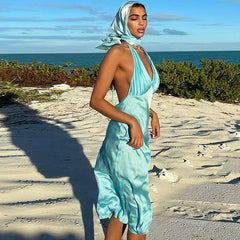 Vestido de cóctel midi con escote en V y cuello halter - Azul