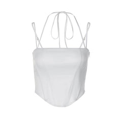 Glossy Curved Hem Spaghetti Strap Corset Halter Crop Top - White