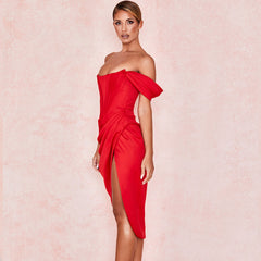 Schulterfreies, drapiertes Korsett-Cocktail-Midikleid - Rot