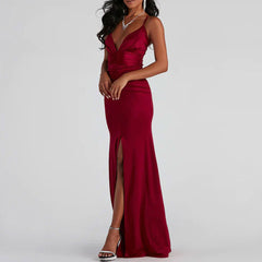 Ruched Deep V High Slit Backless Maxi Dress - Red