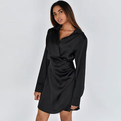 Ruched Spread Collar V Neck Long Sleeve Shirt Mini Dress - Black