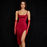 Cocktail-Midikleid mit U-Ausschnitt und hohem Schlitz - Rot