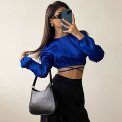 Tie String Long Sleeve Crew Neck Wrapped Crop Top - Royal Blue