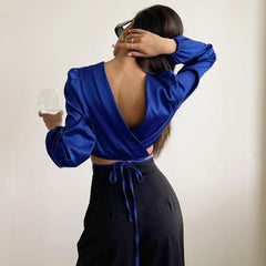 Tie String Long Sleeve Crew Neck Wrapped Crop Top - Royal Blue