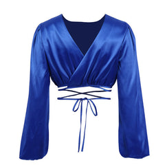 Tie String Long Sleeve Crew Neck Wrapped Crop Top - Royal Blue