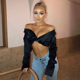 Off Shoulder Long Sleeve Crop Top - Black