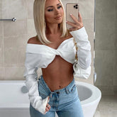 Off Shoulder Long Sleeve Crop Top - White