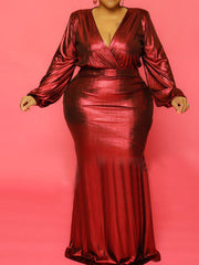 Vestido largo holgado de manga larga con escote en V