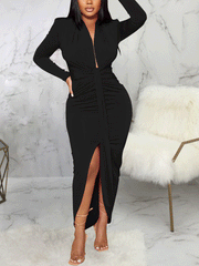 Vestido largo fruncido con escote en V profundo