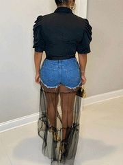 V-Ausschnitt Hemd Mesh Patchwork Kleid