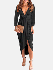 Vestido midi fruncido con escote en V profundo