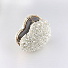 Luxuriöse, mit Kunstperlen und Kristallen verzierte, herzförmige Henkeltasche - Beige