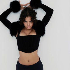 Chaqueta bolero de punto de manga larga con abertura frontal de lujo - Negro