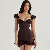 Minikleid mit Rüschenärmeln und herzförmigem Ausschnitt und Korsett - Kaffee