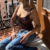 Square Neck Button Up Sleeveless Tank Top - Brown