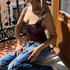 Square Neck Button Up Sleeveless Tank Top - Brown