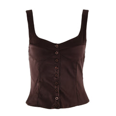 Square Neck Button Up Sleeveless Tank Top - Brown