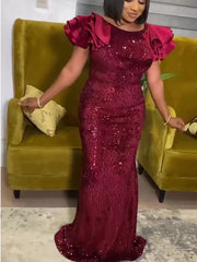 Pailletten-Patchwork-Fischschwanzkleid aus Leder