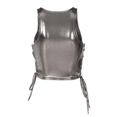 Einfarbiges, ärmelloses Crop Top mit Rundhalsausschnitt und Schnürung - Silber