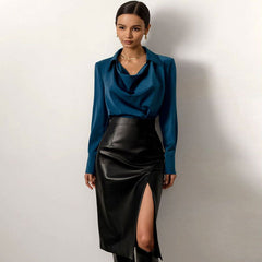 High Waist Split Trim Vegan Leather Midi Skirt - Black