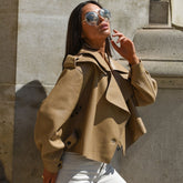 Long Sleeve Collared Cropped Trench Coat - Khaki