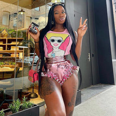 Pantalones cortos de cuero con cintura alta y volantes y pierna ancha - Rosa