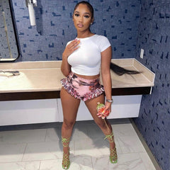 Pantalones cortos de cuero con cintura alta y volantes y pierna ancha - Rosa