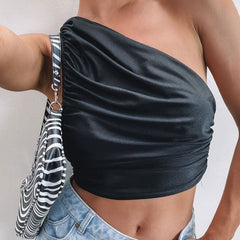 One Shoulder Cropped Tank Top - Black