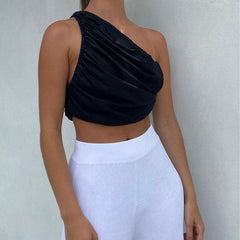 One Shoulder Cropped Tank Top - Black