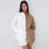 Conjunto de pantalones cortos abotonados con bolsillos y bloques de color a juego - Caqui