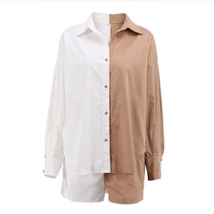 Color Block Button Down Pocketed Shorts Matching Set - Khaki