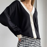 Color Button-Up Langarm-Cardigan - Schwarz