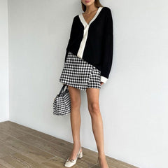 Color Button-Up Langarm-Cardigan - Schwarz