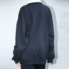 Sudadera con cuello y media cremallera, hombros caídos y ribete bordado - Azul marino