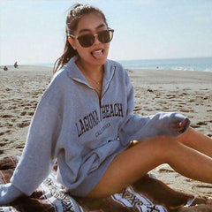 Letter Embroidery Drop Shoulder Half Zip Collared Sweatshirt - Gray